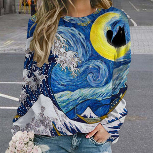 European and American Cross-border Autumn and Winter New Sweat 3D Digital Printing Women's Halloween Pumpkin Festival Trendy Round Neck Top