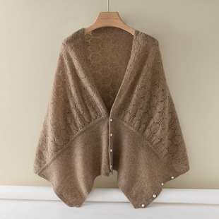 Autumn and winter new 100 wool shawl pearl buckle hollow large shawl multifunctional knitted scarf cape coat