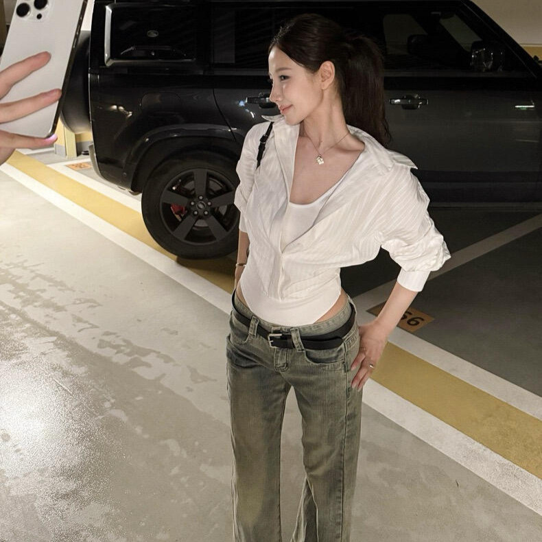 Korean-Style High-End Faux Two-Piece Long-Sleeve Shirt and Vest for Women, Spring and Summer Niche Design, Elegant Waist-Cinching Shirt