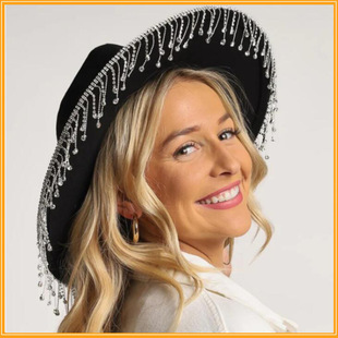 Cross-border exclusive for Western Panama style British retro hat 9.5cm large flat eave felt hat tassel diamond hat