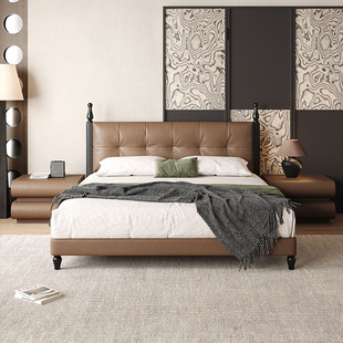 Pai Qiao French Retro Leather Bed Minimalist Thin Bedside Solid Wood Bed Master Bedroom Antique Side Bed Soft Bag Double Bed