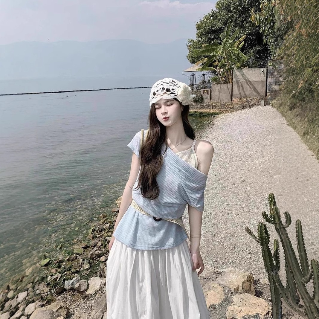 부드러운 스타일 멀티 스타일 오비큐 칼라 반팔 티셔츠 여성용 여름 디자인 센스 옐로우 탑