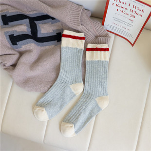 Autumn and Winter Socks Children's Contrast Color Thick Line Fashionable Socks with German Training Shoes South Korea Socks College Style Double Needle Middle Tube Piled Socks