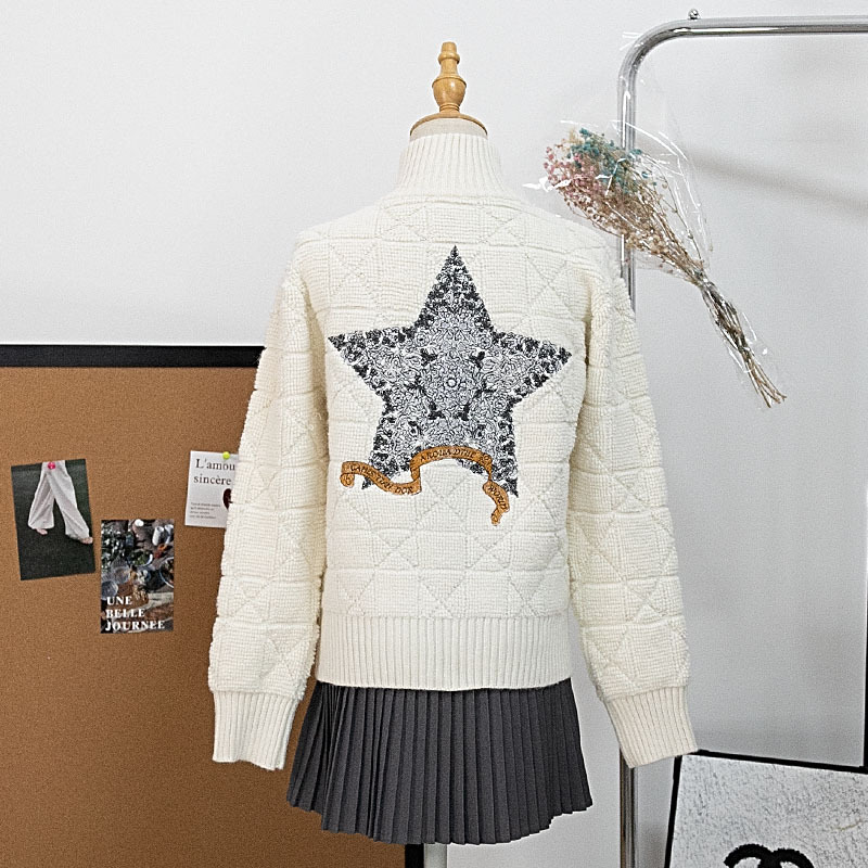 Knitted Embroidered Cardigan Zipper Quilted Autumn and Winter Swe