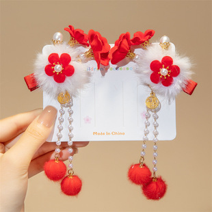 New Year hair accessories children's red bow hairpin Chinese style plush hairpin girls baby Hanfu New Year headdress