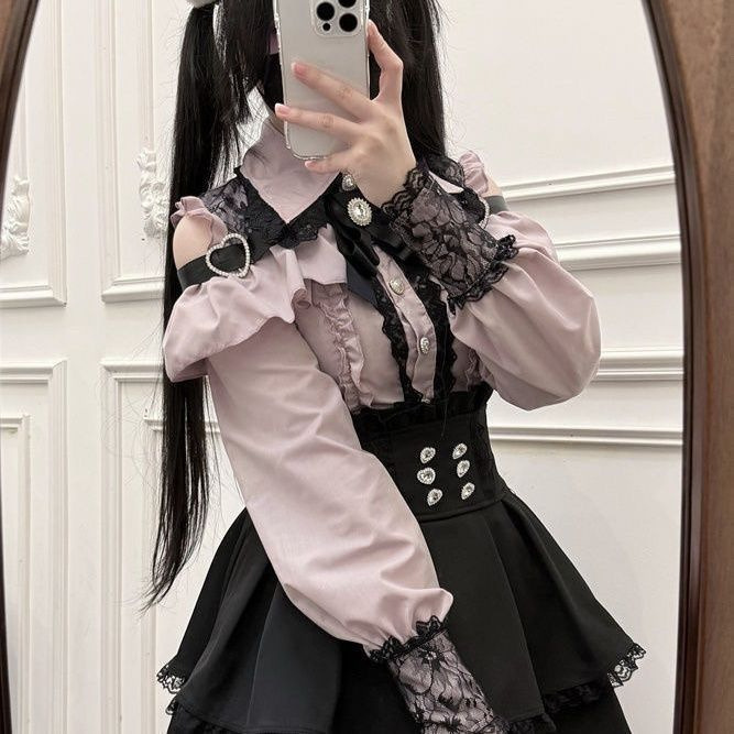 Gentle Style Sweetheart Meets Jk Uniform Two-Piece Spring & Fall Japanese Style Girl Dark Off-Shoulder Shirt + Skirt Suit