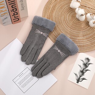 Warm Gloves Women's fleece-lined Thickened Windproof and Cold-proof Driving Cute Touch Screen Rabbit Velvet Winter Autumn and Winter Riding Gloves
