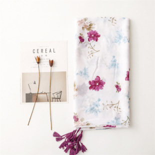 Cross-border Export Middle East Scarf Cotton and Linen Scarf White Bottom Purple Flower Thick Silk Scarf Bag Headscarf Shawl Tassel Beach Women