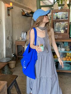 Slight Chubby South Korea Chic Summer Retro Elegant Tight Waist Slimming Plaid Sling dress Seaside Holiday Ankle Long Dress