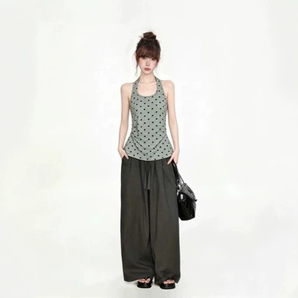 Hot Girl Korean Style Polka Dot Sleeveless Camisole Women's Summer New Tight-Fitting Slimming Sexy Backless Pleated Short Top