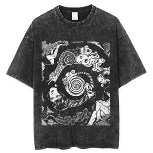 Japanese Tomie Junji Ito Fujiang Vintage Washed Old Printed Short-sleeved T-shirt Men's Ghost Extermination Blade Top
