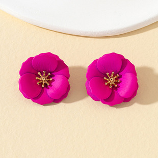 Elegant rose red flower earrings exquisite paint three-dimensional camellia new petal elegant simple earrings jewelry