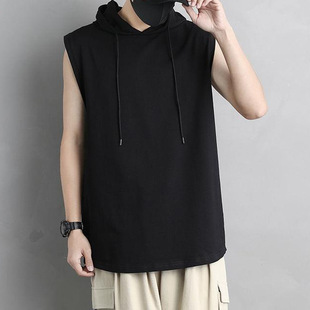 Sports Wide Shoulder Running Hooded Vest Men's Sweater Small Shirt Black Solid Color Sleeveless T-Shirt Summer Fashionable Outer Wearing Waistcoat