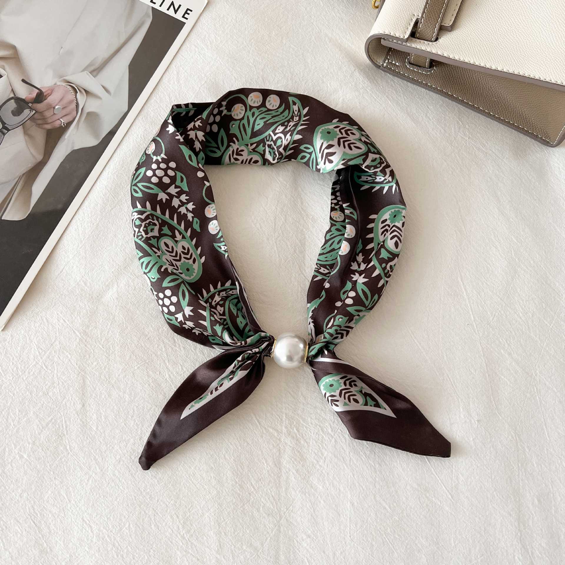 2026 Summer Ice Silk Satin Long Scarf with Pearl Magnetic Clasp, Versatile Neck Protector for Women, Travel and Photo Decoration Long Scarf