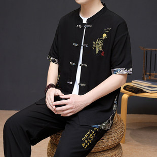Ice Silk Short-Sleeved T-Shirt Suit for Men, High-Quality Buttoned Tang Suit and Han Dynasty Two-Piece Set, New Chinoiserie National Style Versatile T-Shirt