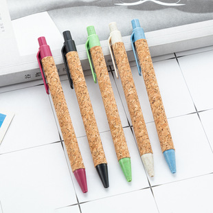 New Arrival Wood Grain Plastic Pen Wheat Straw Cork Press Ballpoint Pen in stock Wholesale Gift Promotional Pen Advertising Ballpoint Pen