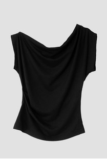 South Korea Niche Trendy Brand Zhao Rusi Same Style Women's Slim-fit Slimming Short-sleeved T-shirt with Oblique Collar Shoulder