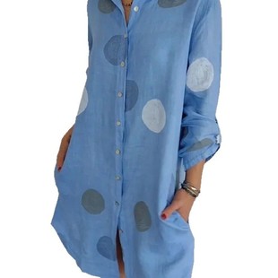 2025 Cross-border Europe and America Amazon Temu Spring Women's Long Sleeve V-Neck Elegant Button Print Shirt dress