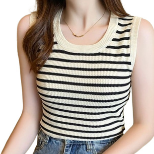 2025 Summer Women's Camisole New Striped Vest Knitted Base Pure Desire Style Ins Slim-fit Inner Top