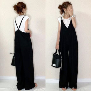 Cross-border Trade Jumpsuit 2024 Summer New Japanese Women's Sling Pants Solid Color Casual Loose Wide-leg Pants