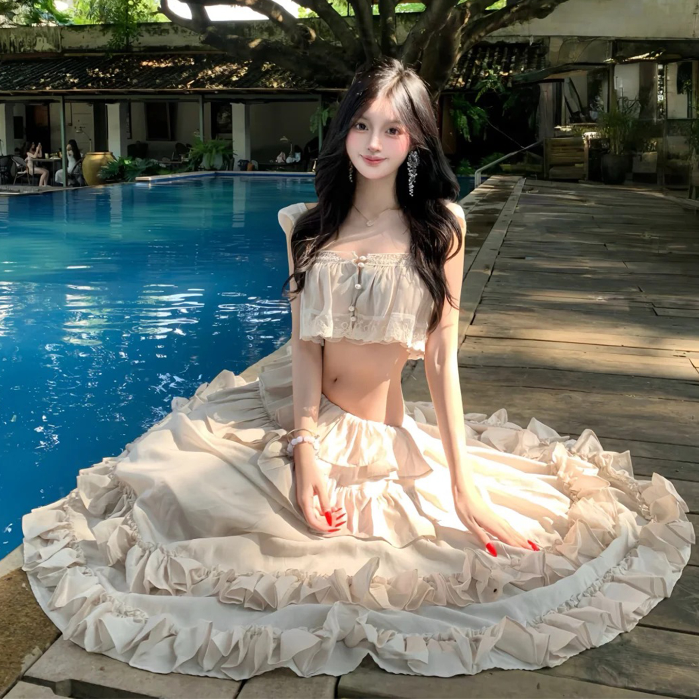 French-Style Stunning Island Vacation Ruffled Two-Piece Strapless Long Dress with a Super Fairy Princess Vibe Set