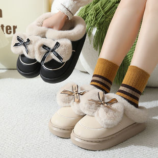 2024 New Home Slippers Cotton Slippers Women's Winter Warm Waterproof Thickened Bow Cute Maomao Slippers
