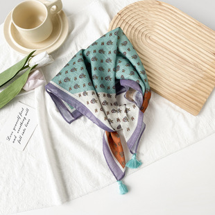 Student's Cute Style Women's Silk Scarf Printed Cotton and Linen Flower Scarf Small Head Scarf Advanced Sense Export Japanese and Korean Style Tassel Pendant