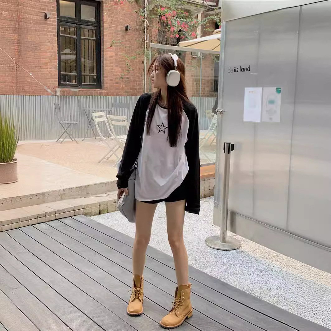가을 긴팔 자수 캐주얼 스타일 흑백 라글란 티셔츠 탑, 크로스보더 도매, 라운드넥 루즈 이너 레이어드 셔츠
