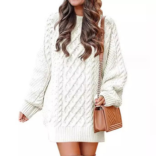 European and American Women's Crewneck Long Sleeve Large Profile Twister Knitted Thick Needle Pullover Mid-length Warm Sweater Women's dress