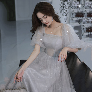 Yicao Evening Dress Women's 2024 New Spring and Autumn Elegant Grey Fairy Mesh Dress Long Banquet Dress