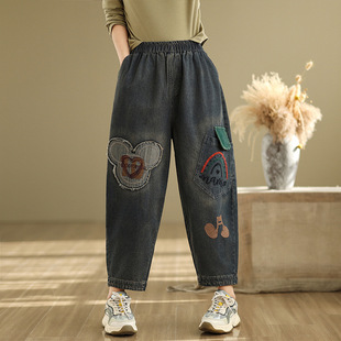 Real shot Korean version of the new vintage fashion elastic waist loose plus size patch embroidery color matching Harlan jeans