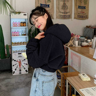 Small Coat Solid Color Age-reducing Lamb Wool Suede Hooded Kangaroo Bag Zipper Short Sweatshirt Women's Autumn and Winter Slimming