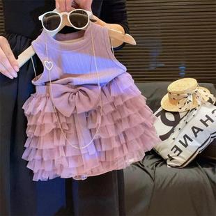 Летний набор для девочек 2025 baby baby премиум-класса фиолетовый жилет топ торт tutu юбка набор из двух частей