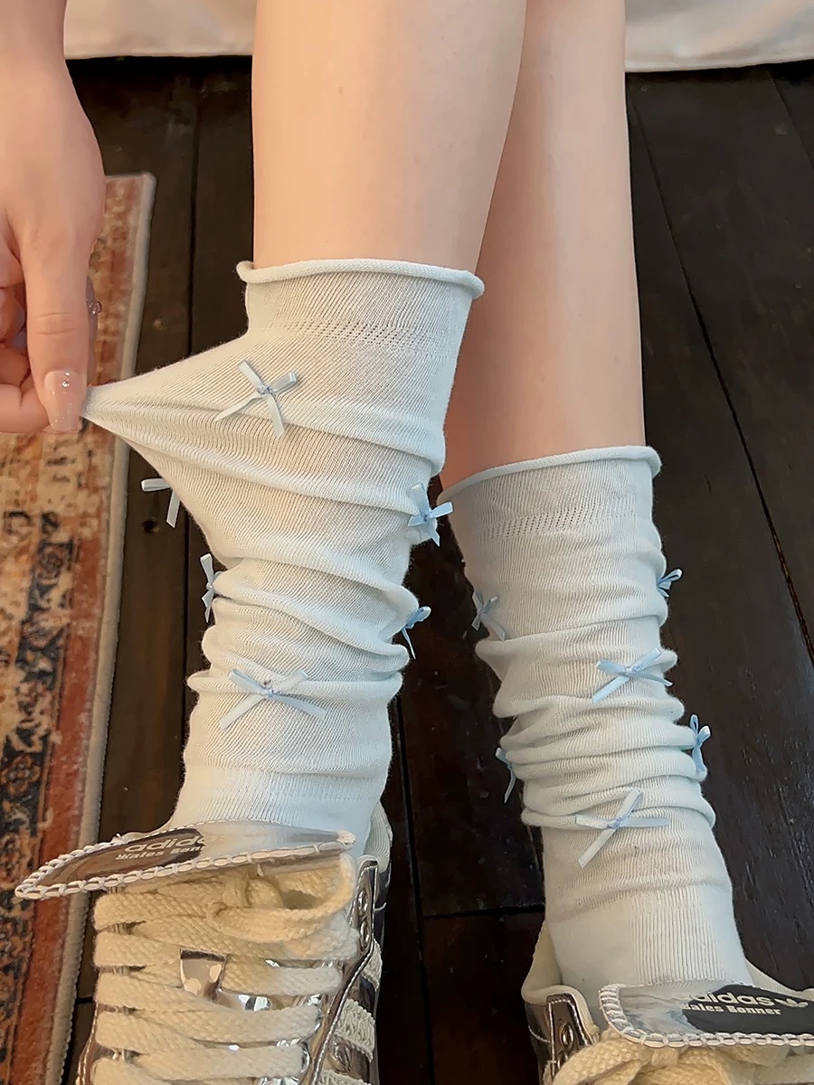 Gray Calf Socks for Women, Slouch Socks for Spring, Summer, and Autumn, Pure Cotton Ballet Style Mid-Calf Miu Series with Mary Jane Long Socks