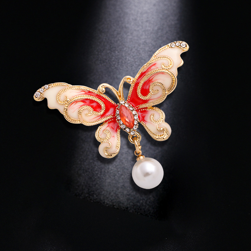Korean style pin Pearl butterfly brooch diamond high-grade oil drop diamond alloy brooch Crystal corsage empty holder