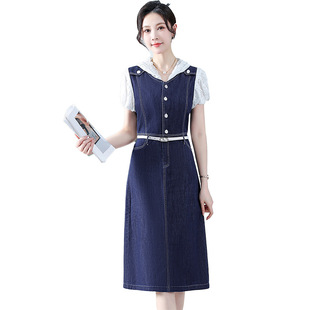 Fashion Tight Waist Hooded Short Sleeve dress Women's 2025 Summer New Style Dress Elegant Lace Pair Knot Denim Skirt