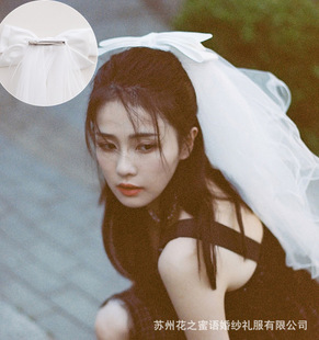 Bride French Style Small Veil White Dew Same Style Super Fairy Short Wedding Photo License Registration Bow Puff Headwear