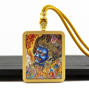 Hand-painted Gold Thangka Pendant Big Black Day Black God of Wealth Zodiac Thangka Pendant Golden Square Tibetan Ornament Thangka