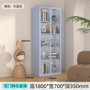 Wrought Iron Bookcase Household Glass Door Locker Children's Storage Cabinet Floor-Standing Iron Display Cabinet Living Room Storage Bookshelf