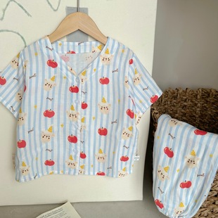 Children's Pure Cotton Pajamas Set 2025 Summer Kidsren's Boys and Girls Pure Cotton Home Clothes Kidsren's Cotton Gauze Short-Sleeved Anti-Mosquito Pants