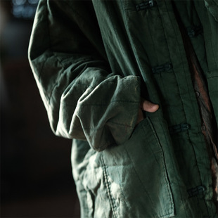 Men and Women Same Style Ancient Mud Retro Washed Cotton and Linen Stand Collar Chinese Plate Button Cotton Outwear Jacket Cotton Robe 2005 Green