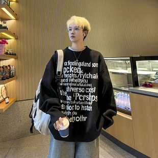 Full Print Letter Printed Crewneck Sweater Men's American Style Trendy Loose All-match Soft Waxy Lazy Pullover Sweater for Couples