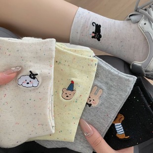 Cute Cartoon Cotton Socks Point Yarn Stacked Socks Women's South Korea Ins Women's Socks Four Seasons AB Embroidered Animal Bow