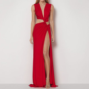 2025 spring European and American women's clothing Amazon fashion hollow knot slit V-neck sleeveless pleated irregular dress