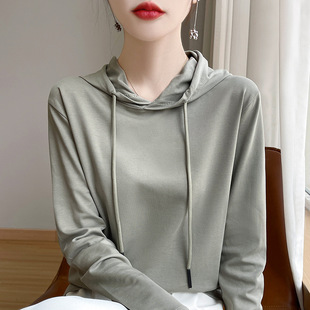80 mercerized cotton long sleeve T-shirt women's spring and autumn fashion hooded sweater skin-friendly breathable versatile base shirt top