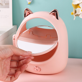 Cartoon Lucky Cat Makeup Mirror Desktop Three-dimensional Cosmetic Storage Mirror Girl's Dressing Mirror Rotating Double-sided Mirror