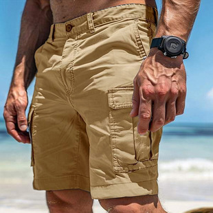 2025 Amazon Cross-border New European and American Men's Casual Multi-pocket Tooling Shorts Solid Color Cotton Shorts