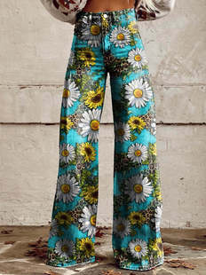 Foreign trade cross-border ladies wide leg pants new 3D printed flared pants simulation Denim pants spring and autumn thin new