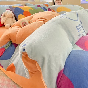 Milk velvet bed four-piece Winter thickened coral flannel quilt cover double-sided fleece-lined bed sheet three-piece bedding