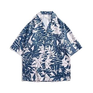 Hawaii Seaside Vacation Shirt Summer Thin plus size Men's Fashionable Beach Four-sided Short-sleeved Shirt